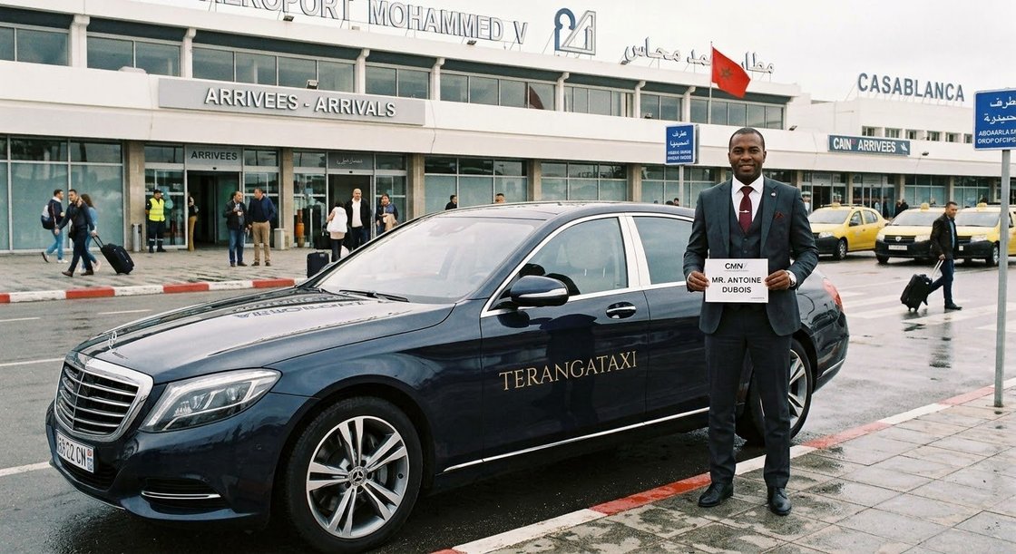 Chauffeur Teranga Taxi à côté de sa voiture, aéroport Mohammed V